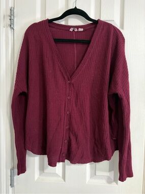 Roxy Waffle-Knit Button Cardigan in Deep Berry